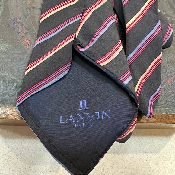Lanvin Paris 100% silk men’s tie vintage striped motif navy/pink/red/purple - Picture 1 of 7